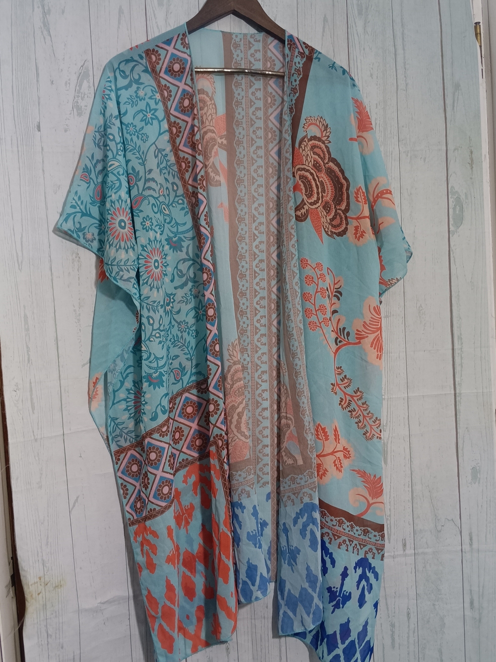 Floral Aqua & Coral Kimono Wrap - Lightweight Boho Cover-Up Sz OS
